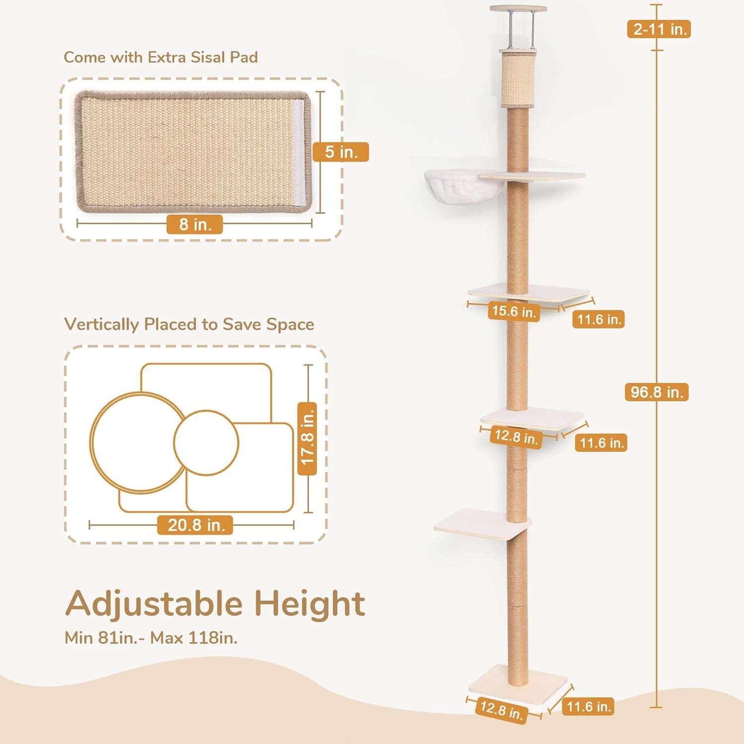 Natural Wood Floor to Ceiling Cat Tree Adjustable Height Scratching Tower