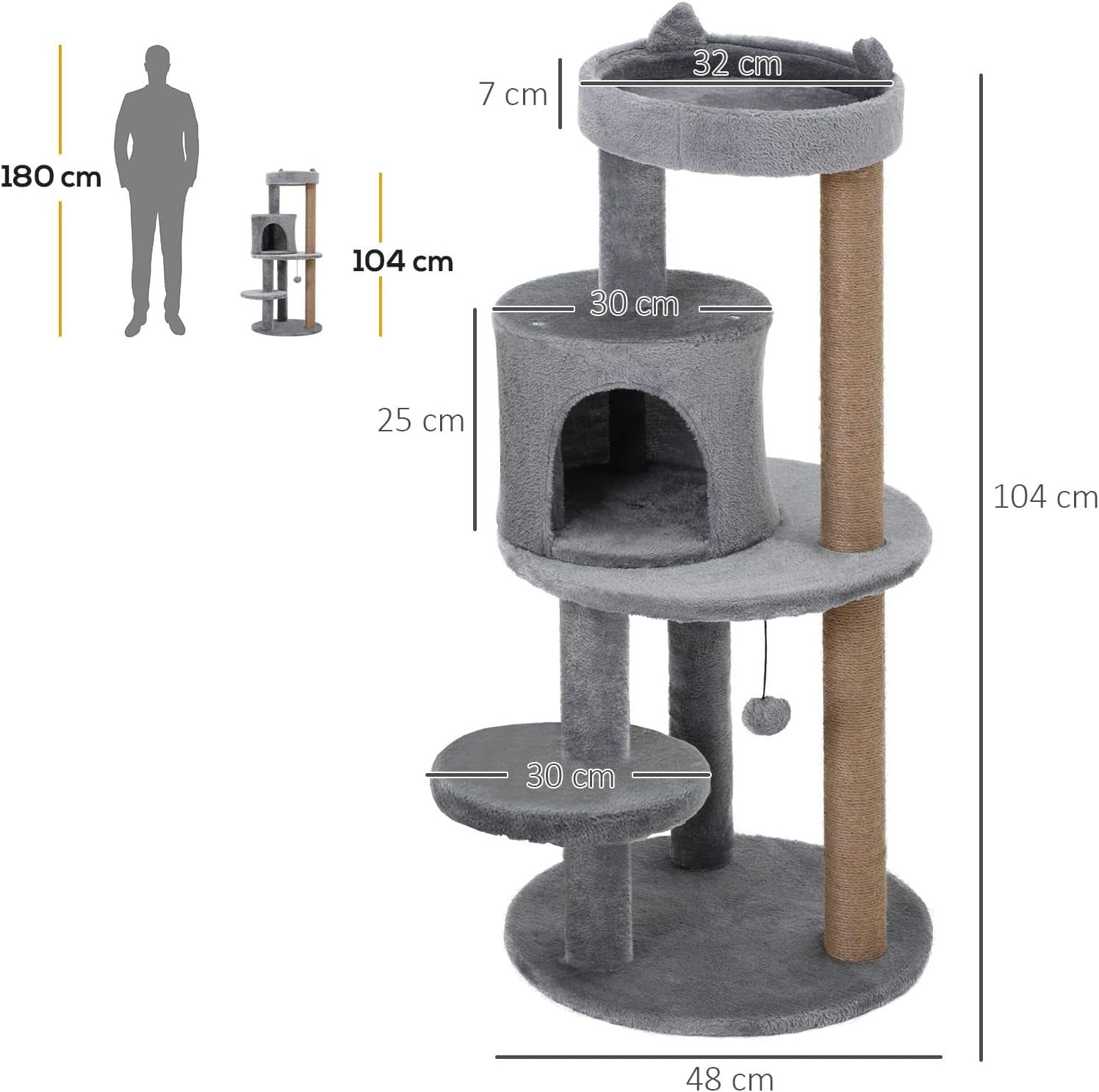 Grey Cat Tree Tower 104cm Condo Scratching Post Plush Perches Hanging Toy