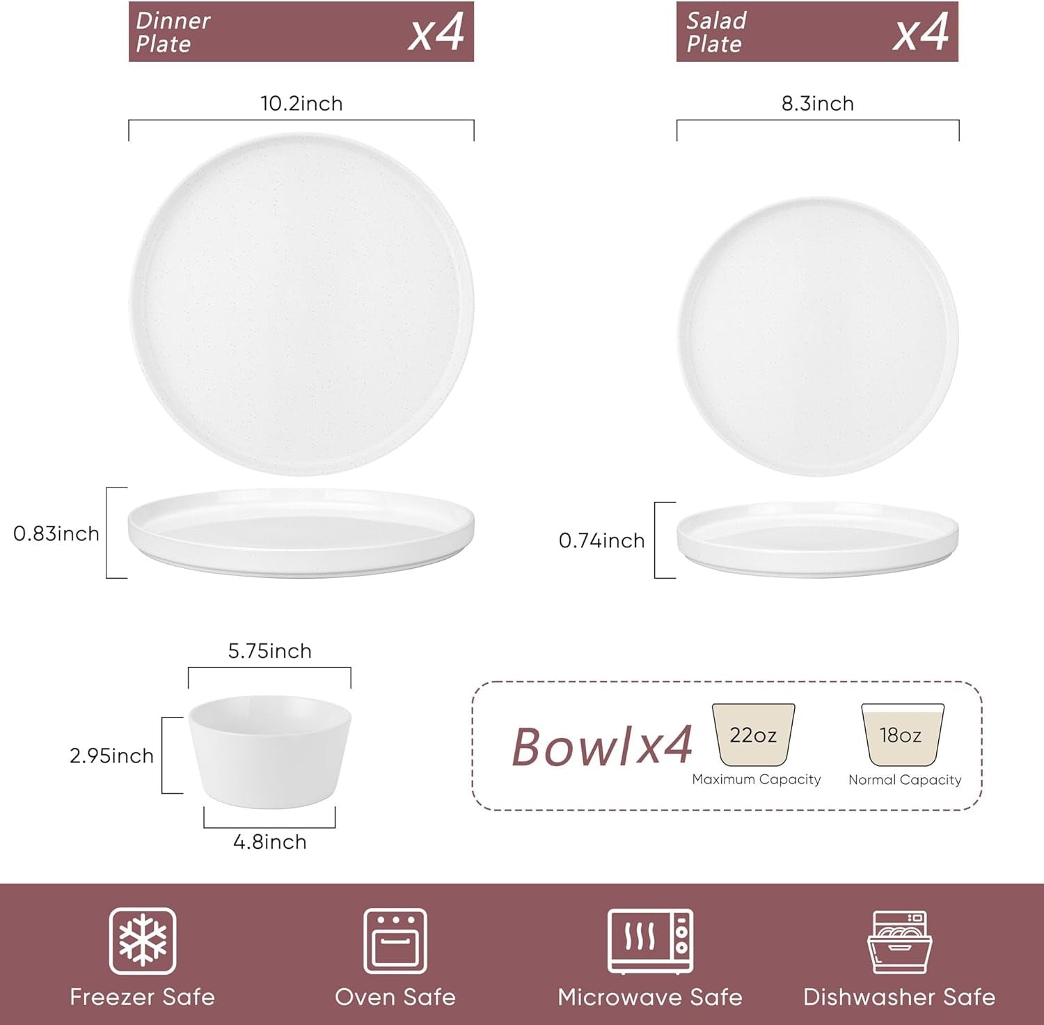 12pc Stoneware Dinnerware Set Plates Bowls Handmade Speckled White