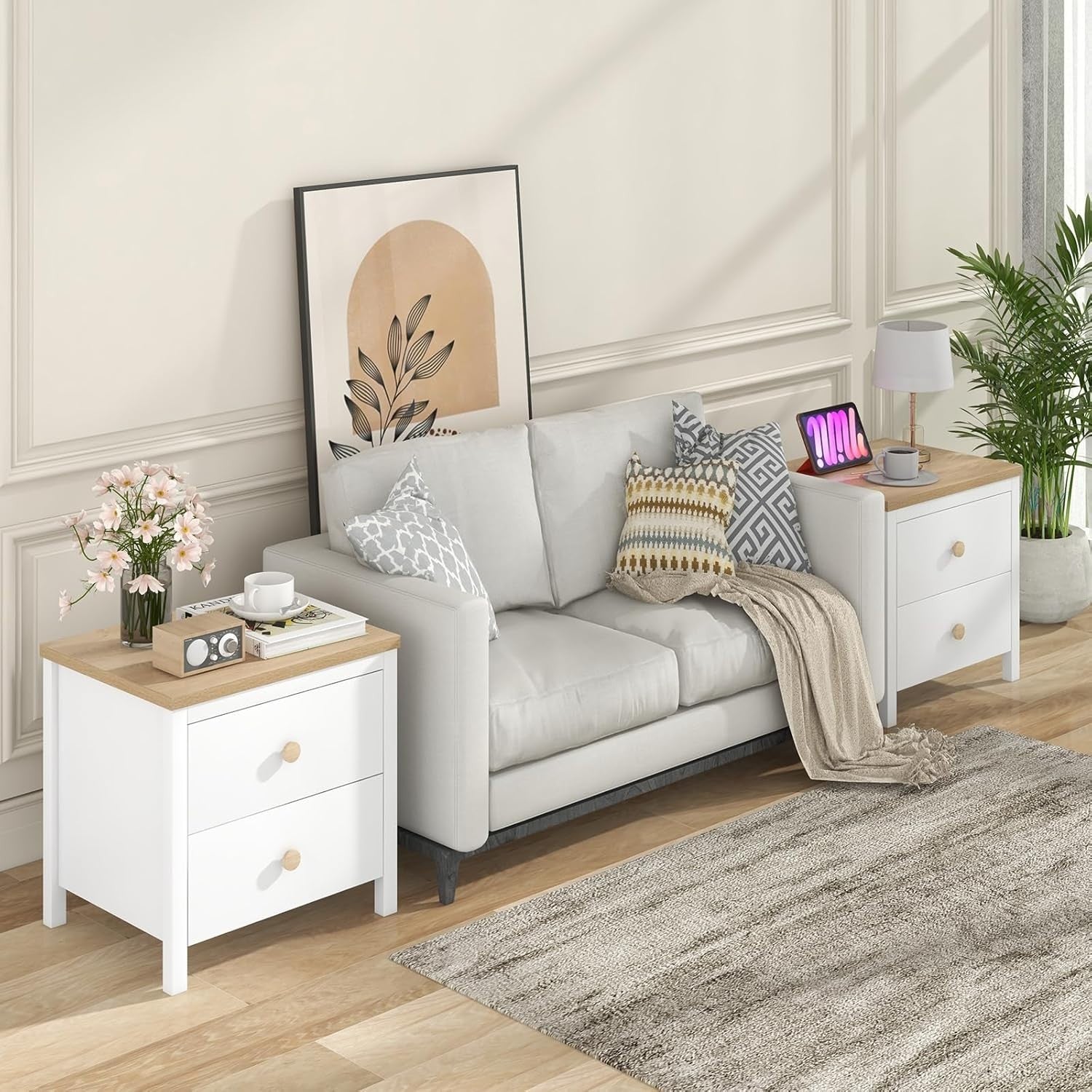 White 2 Drawer Bedside Table with Wood Top – Modern Nightstand