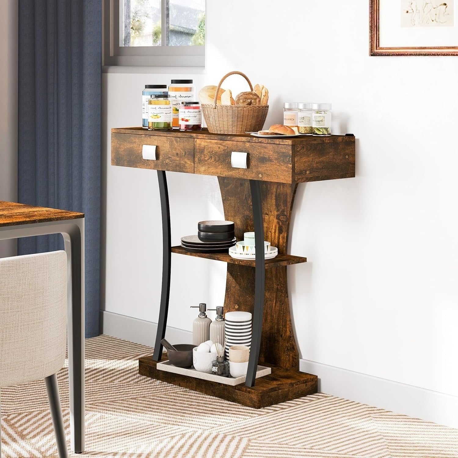 Rustic Brown Console Table with 2 Drawers & Shelves – Slim Hallway Storage