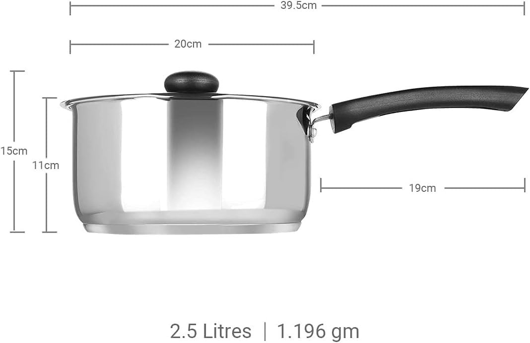 20cm Stainless Steel 2.5 Litre Saucepan with Glass Lid Induction Dishwasher Safe