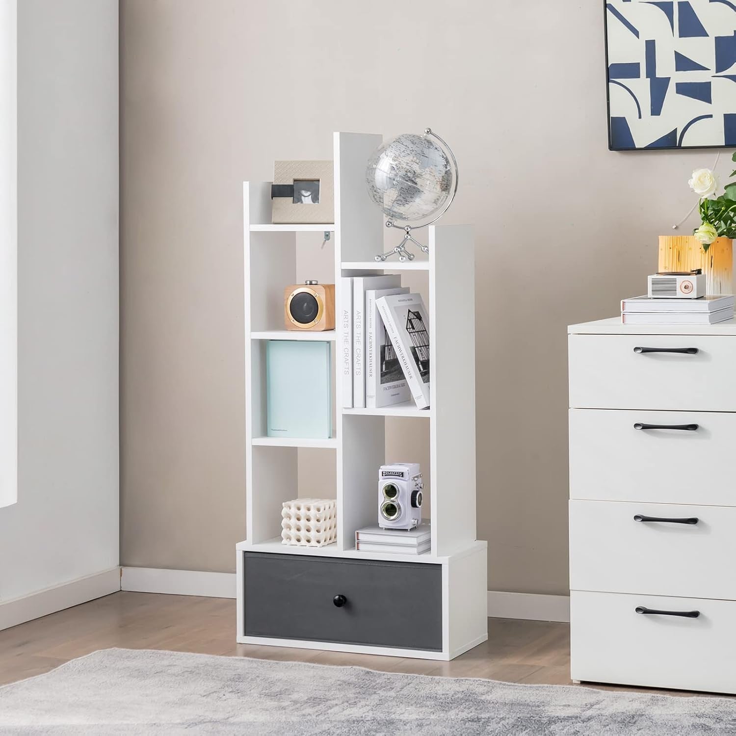 White Tree-Shaped Tall Bookcase 7 Cube Storage Shelf with Drawer 53×24×118cm