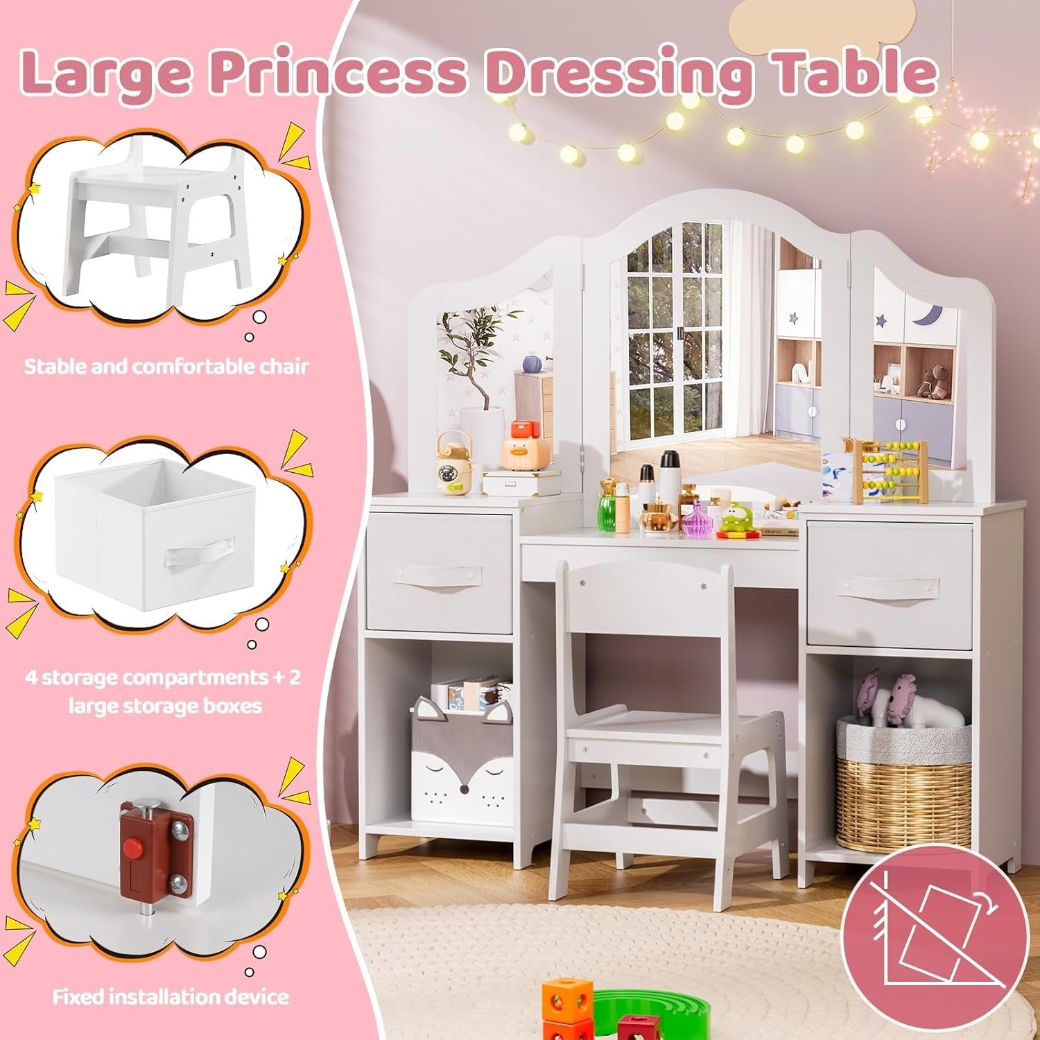 Kids Dressing Table Set with Chair, Tri-Fold Mirror & Storage Drawers White
