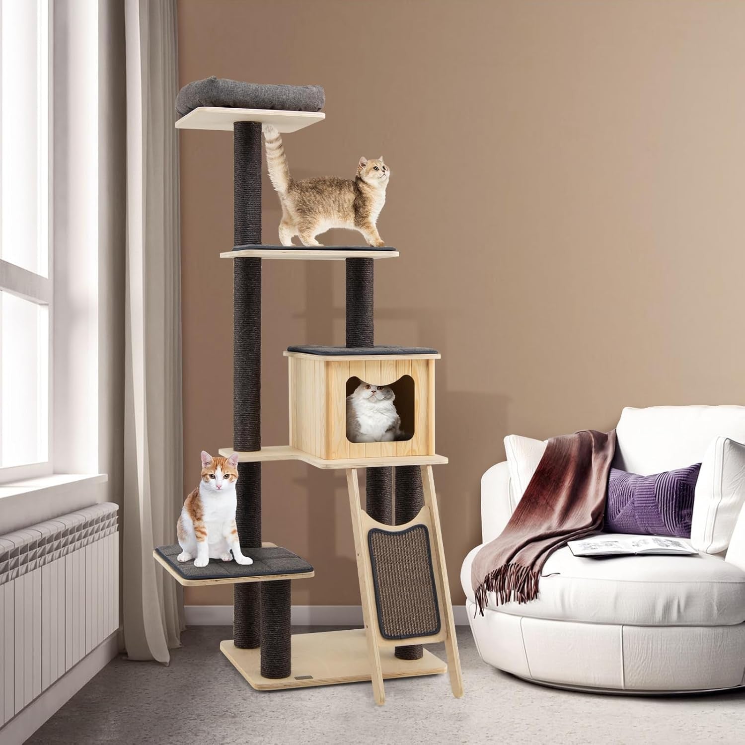175cm Tall Wooden Cat Tree Multi Level Scratching Tower with Condo & Perch