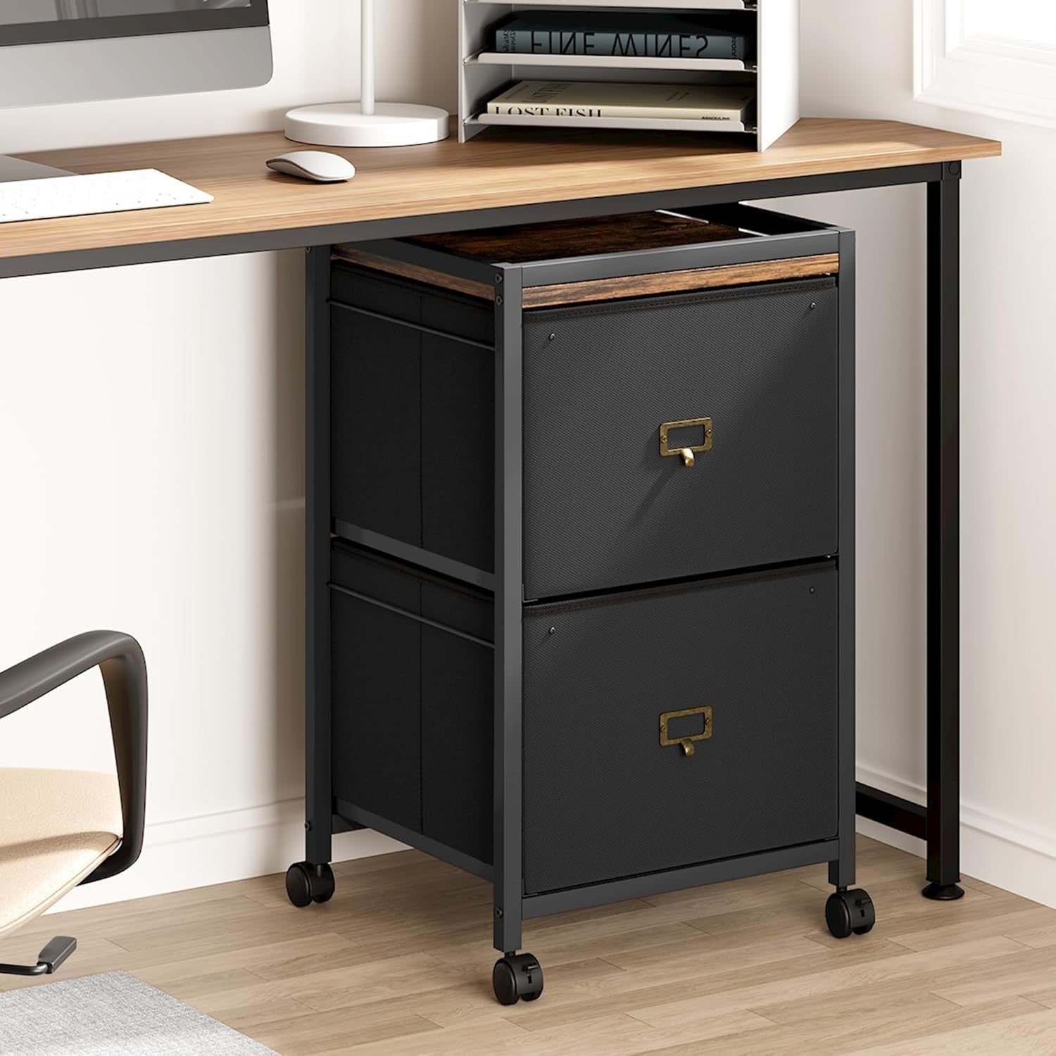 Retro Rolling File Cabinet 2 Drawer Under Desk A4 Letter Storage Black