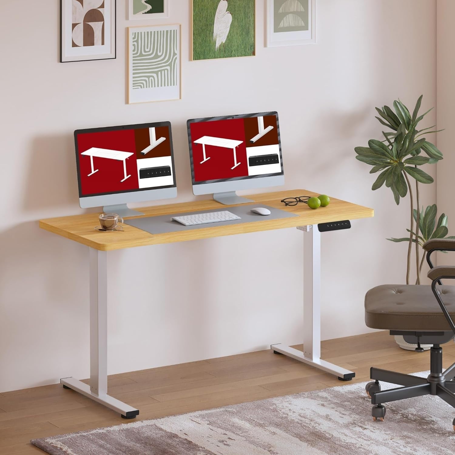 White Electric Standing Desk 120x60cm with Memory Control & Maple Top