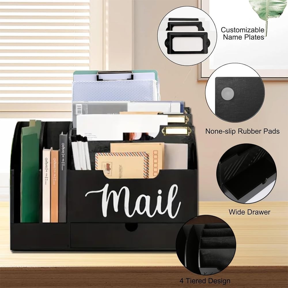 Wood Desktop Mail Organizer with 6 Compartments & Drawer – Desk Storage