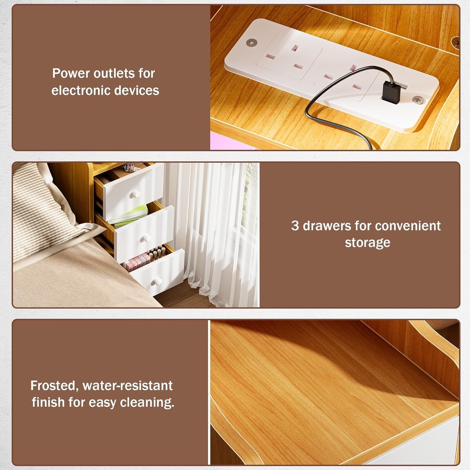Slim Oak 3 Drawer Bedside Table with RGB LED Lights & Charging Station