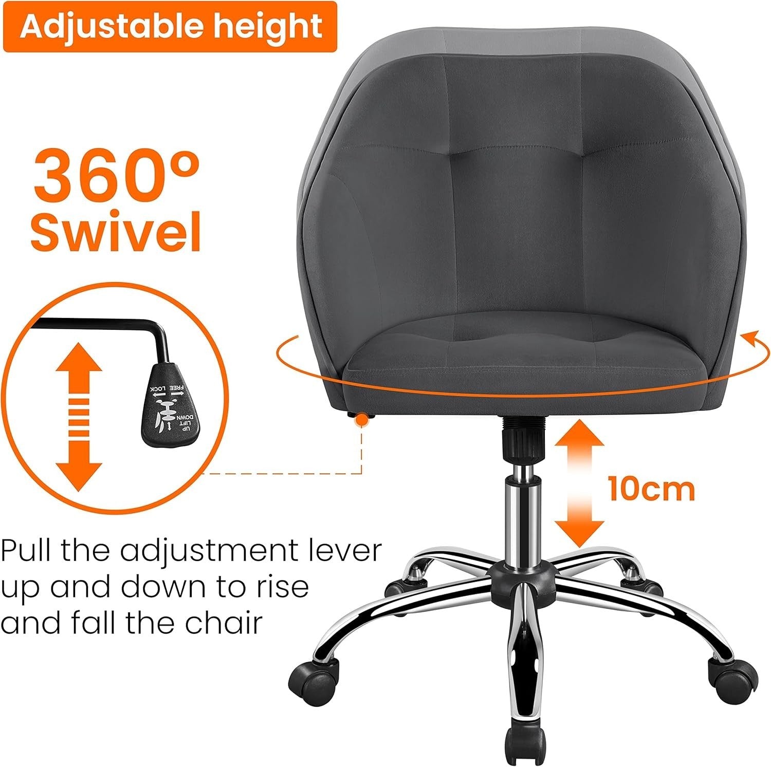 Ergonomic Grey Velvet Office Desk Chair Swivel Adjustable Height Home Armchair