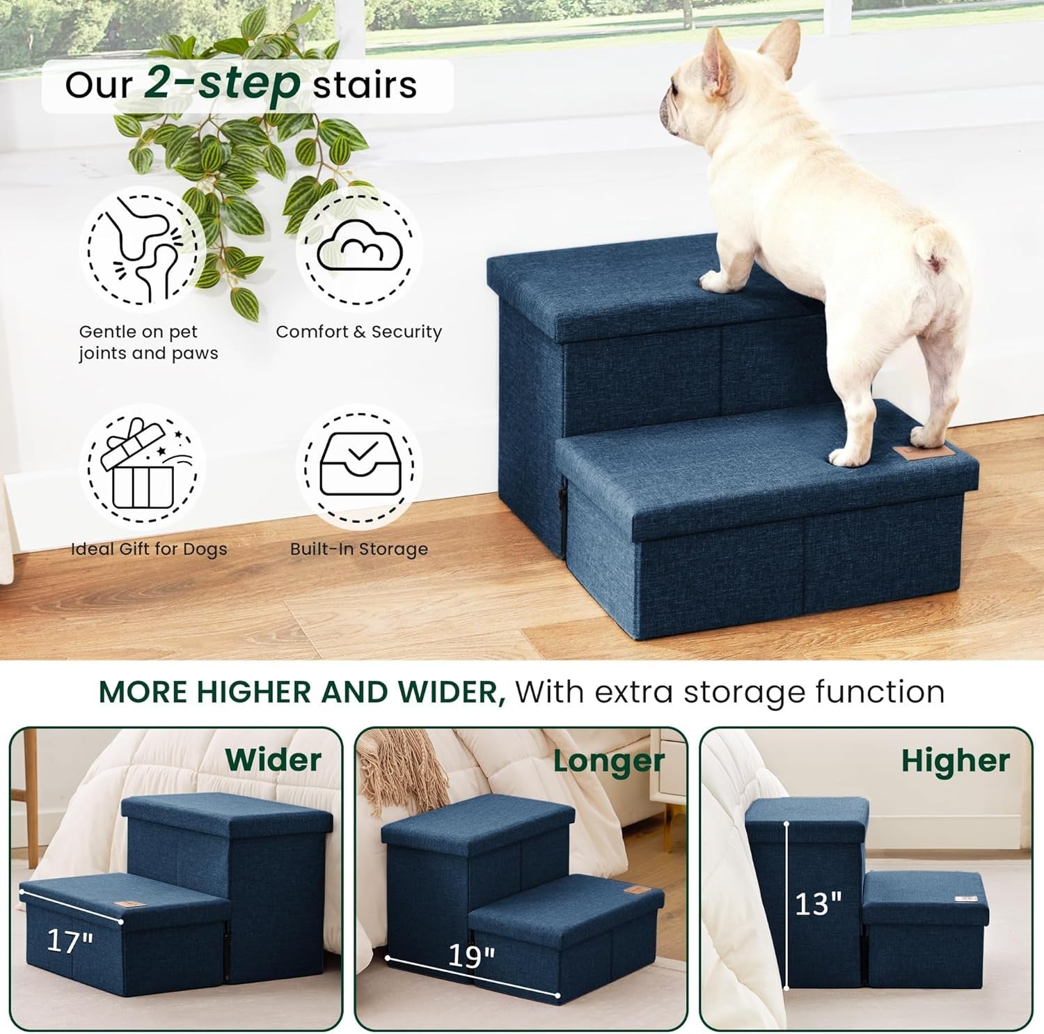 Dog Stairs with Storage 2 Step Foldable Pet Steps Ramp Navy 13"