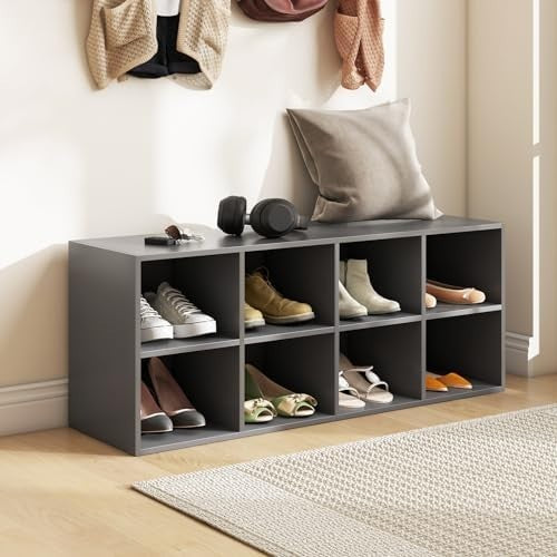 Grey Shoe Bench with 8 Compartment Storage Rack Seat for Hallway Bedroom