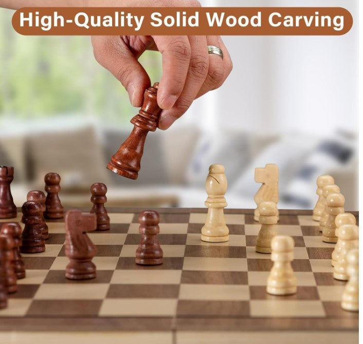 39cm Wooden Magnetic Chess Set 2-in-1 Folding Chess & Checkers Board