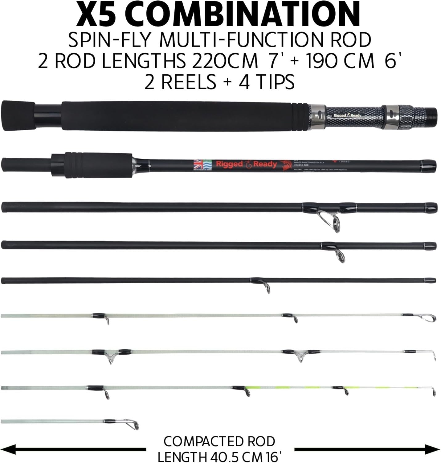 Travel Fishing Rod & Reel Set 5-in-1 Multi-Tech Spin, Fly, Salt & Fresh