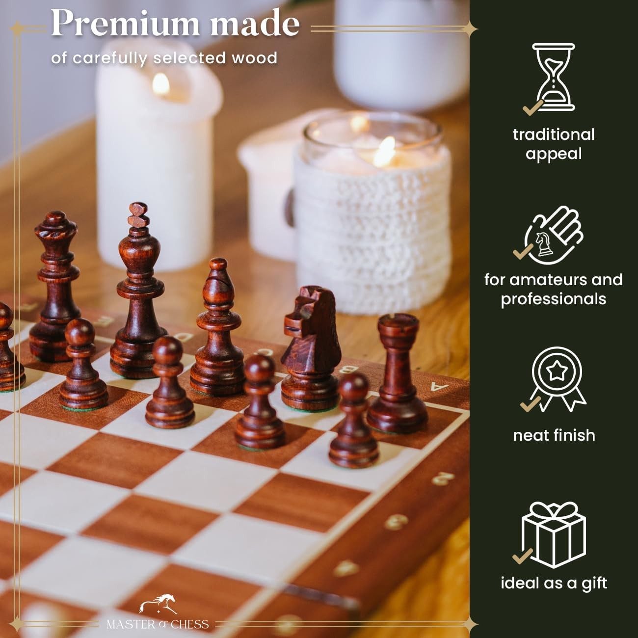 48cm Inlaid Wooden Chess Set with Weighted Staunton Pieces & Storage Box