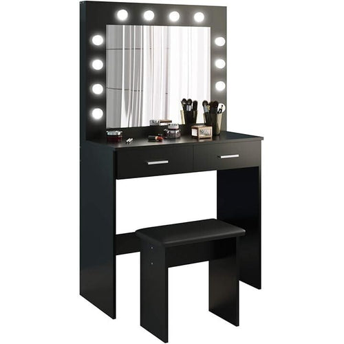Hollywood LED Vanity Dressing Table Set w/ Mirror, Drawers & Stool Black