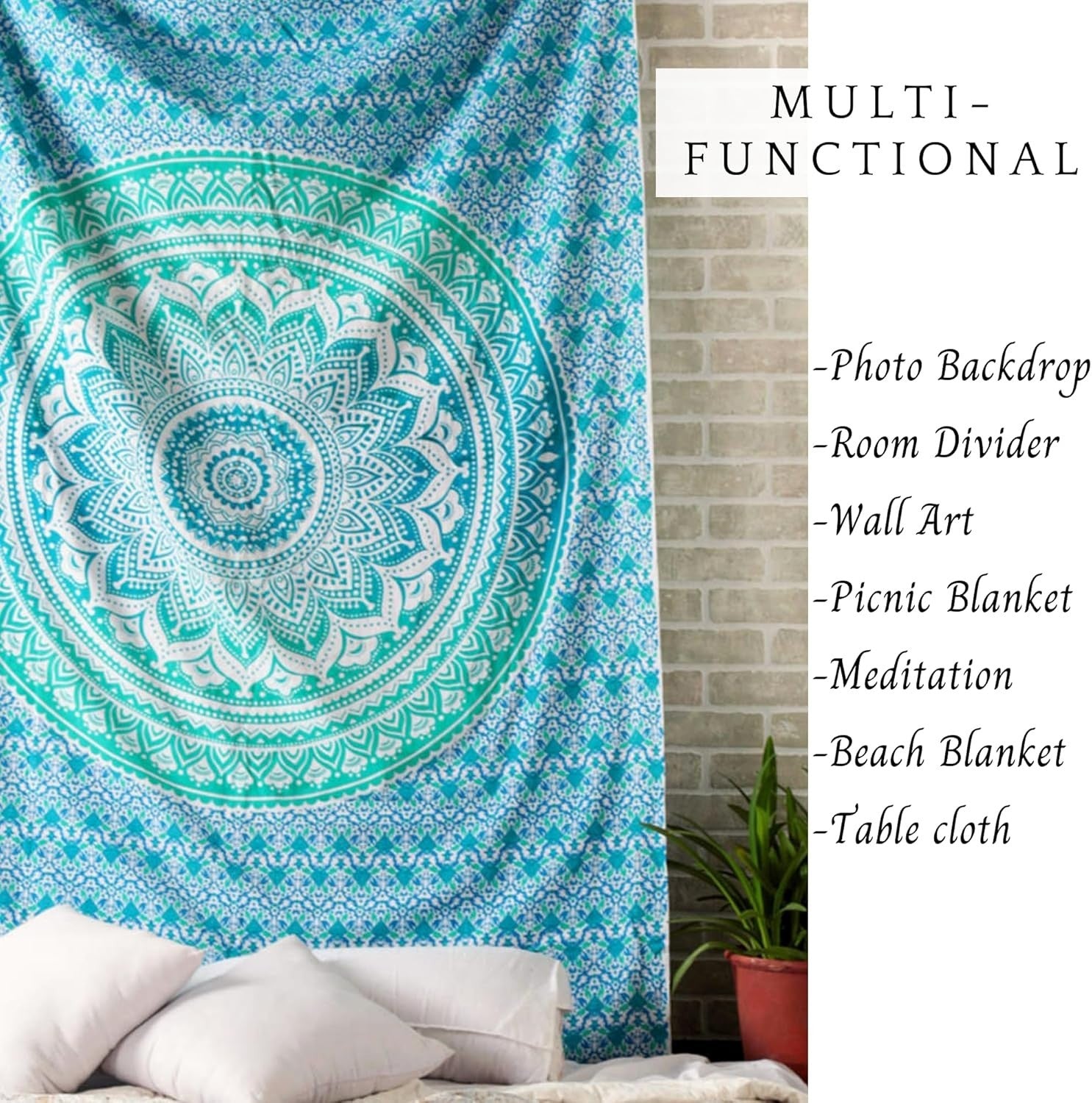 Sea Green Mandala Cotton Tapestry 137x213cm Boho Wall Decor