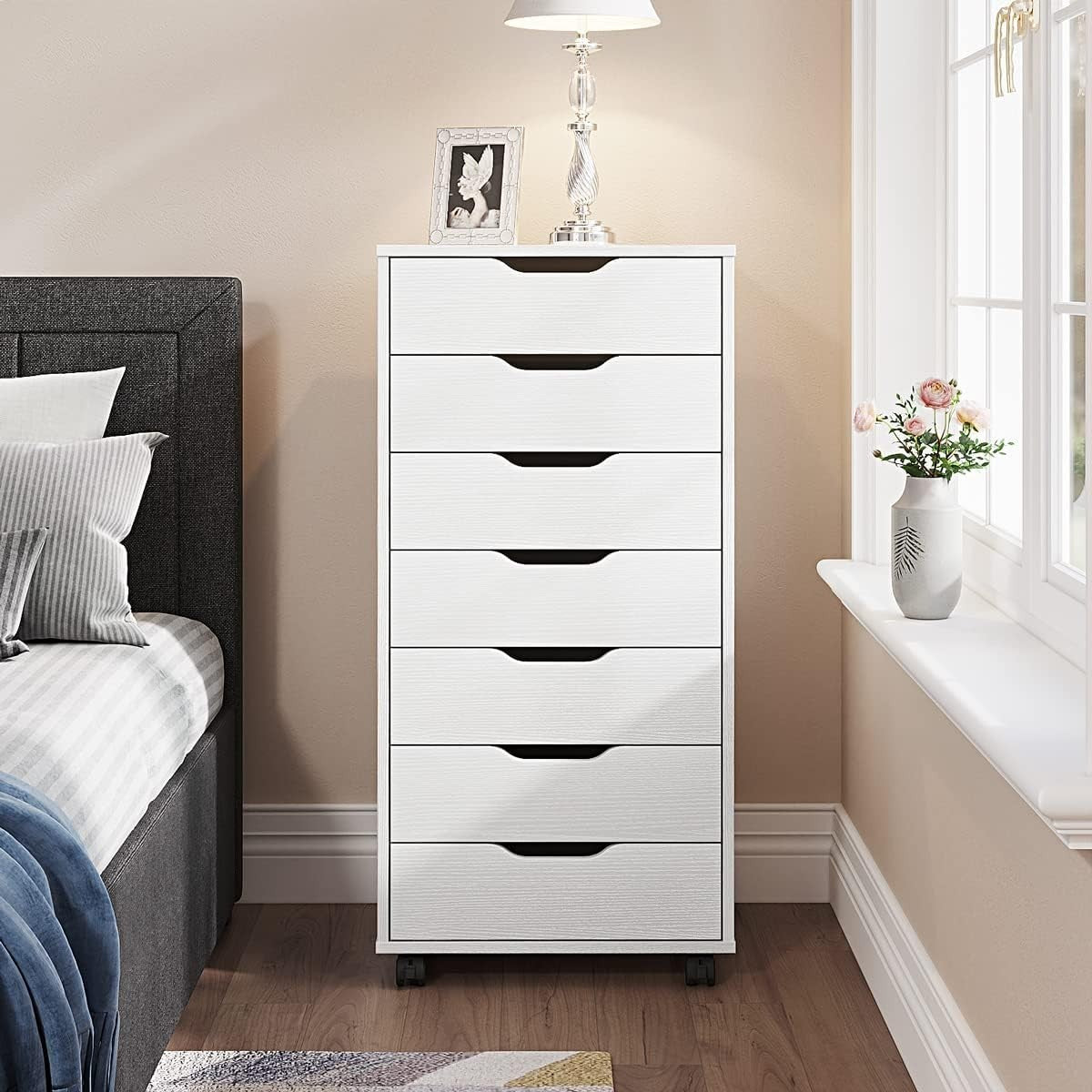 7 Drawer Mobile Filing Cabinet with Wheels Office Storage Chest White
