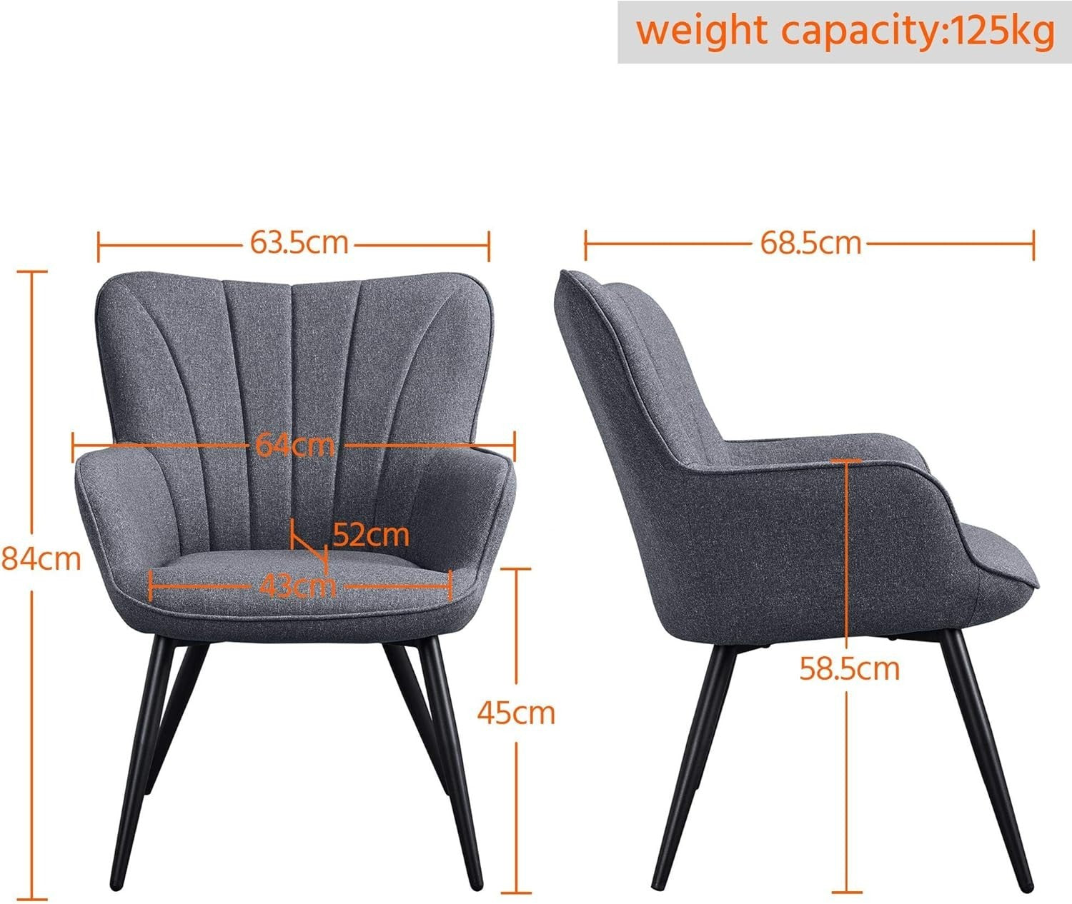 Grey Linen Tub Chair Modern High-Back Accent Armchair for Bedroom & Vanity