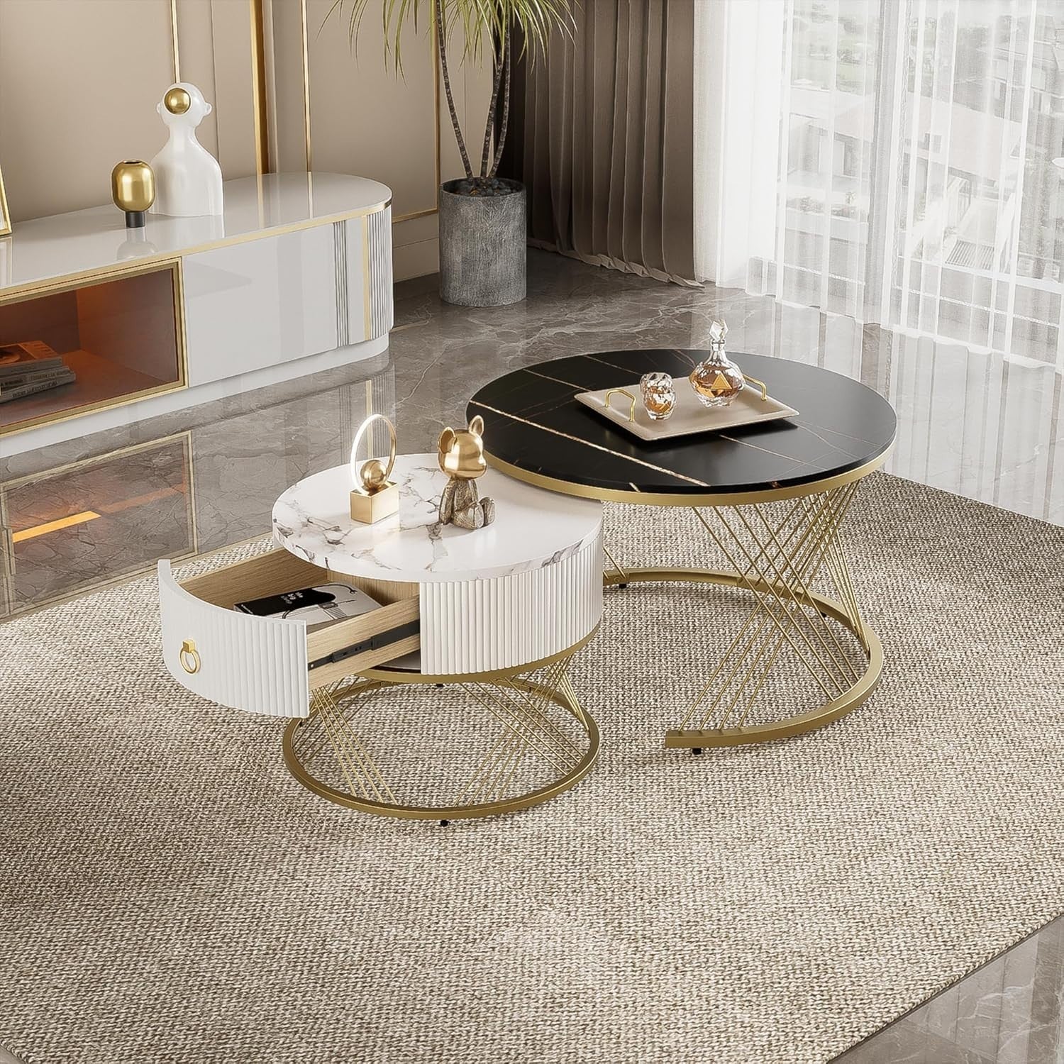 Nesting Coffee Tables Set of 2, Marble Look Top, Storage Drawer, Gold Metal Fram
