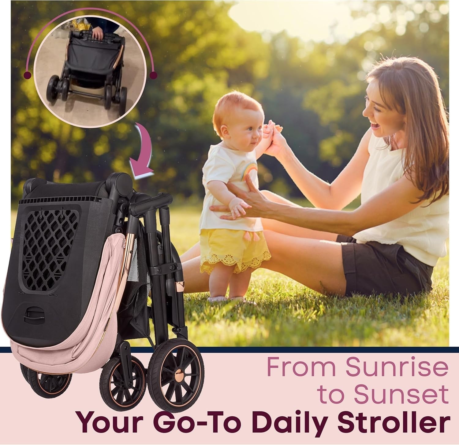 Baby Pushchair Reclining Seat Smooth Suspension Compact Stroller Pink