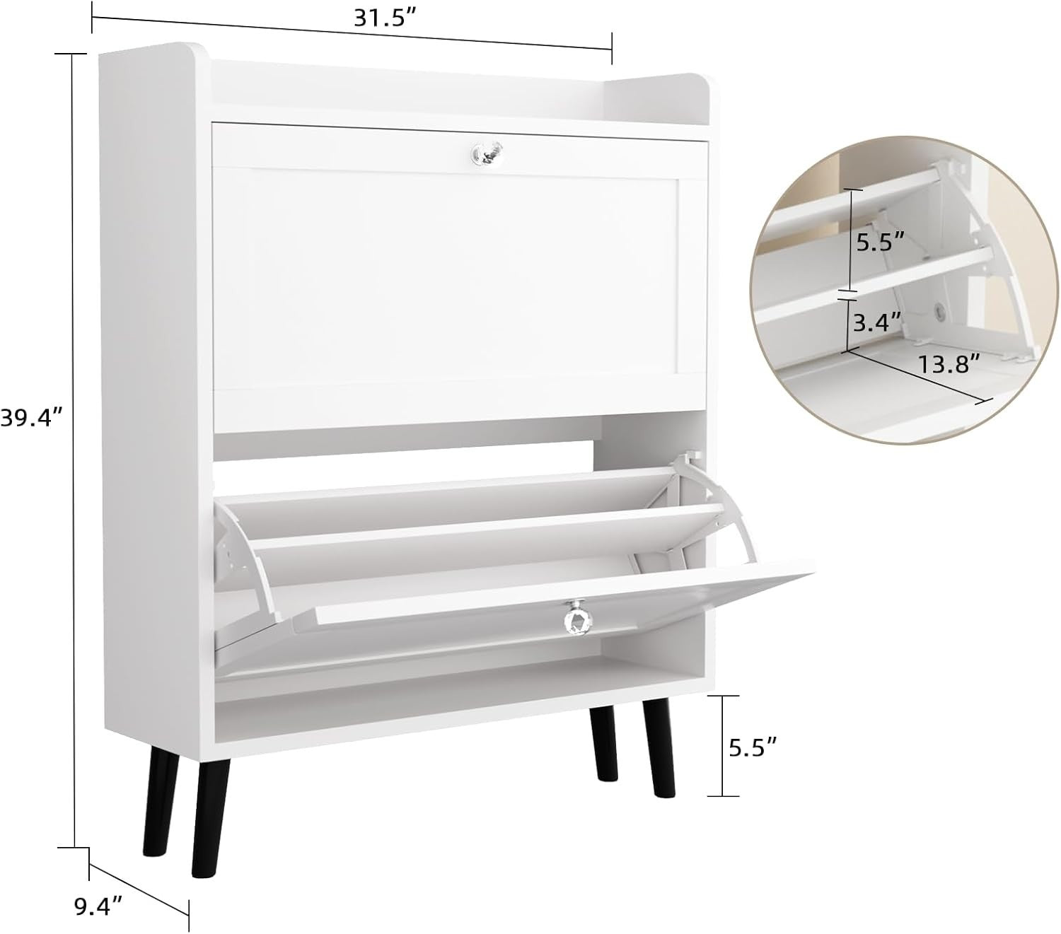 Slim White Shoe Cabinet 2 Flip Drawers with Storage, 80cm Entryway Unit