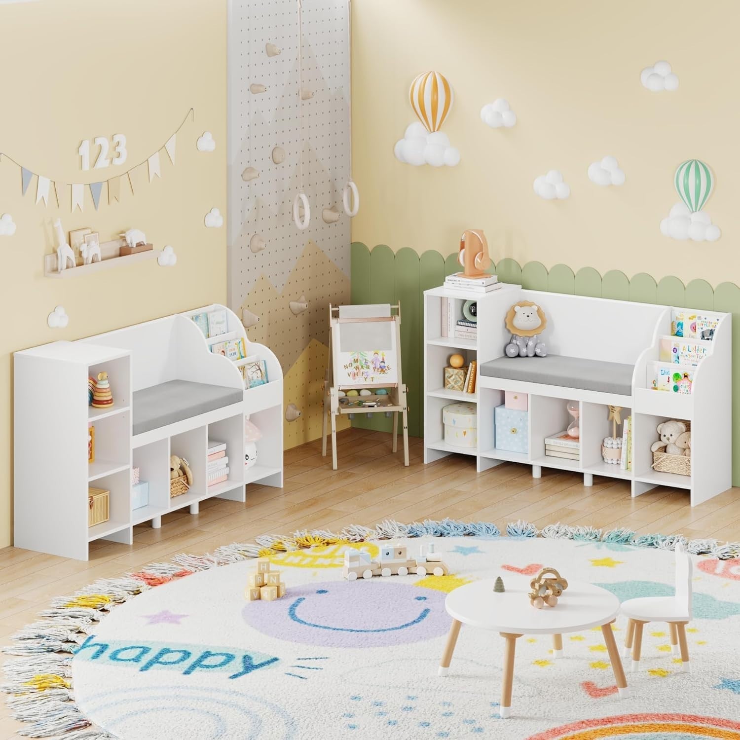 Kids Toy Storage Bookcase with Reading Nook Bench – 7 Cube Shelf 138cm