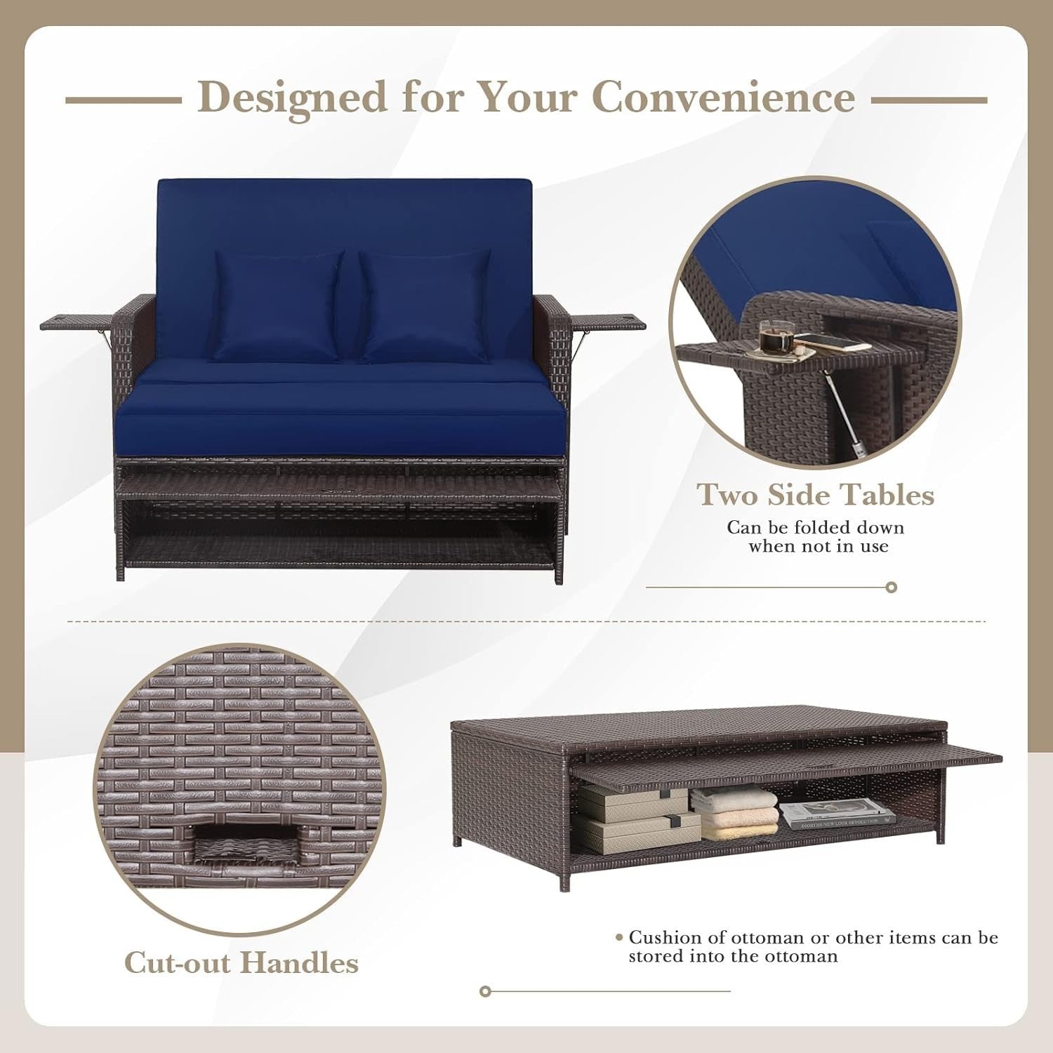 Navy+Brown 2-Seater Rattan Daybed Outdoor with Adjustable Back & Ottoman