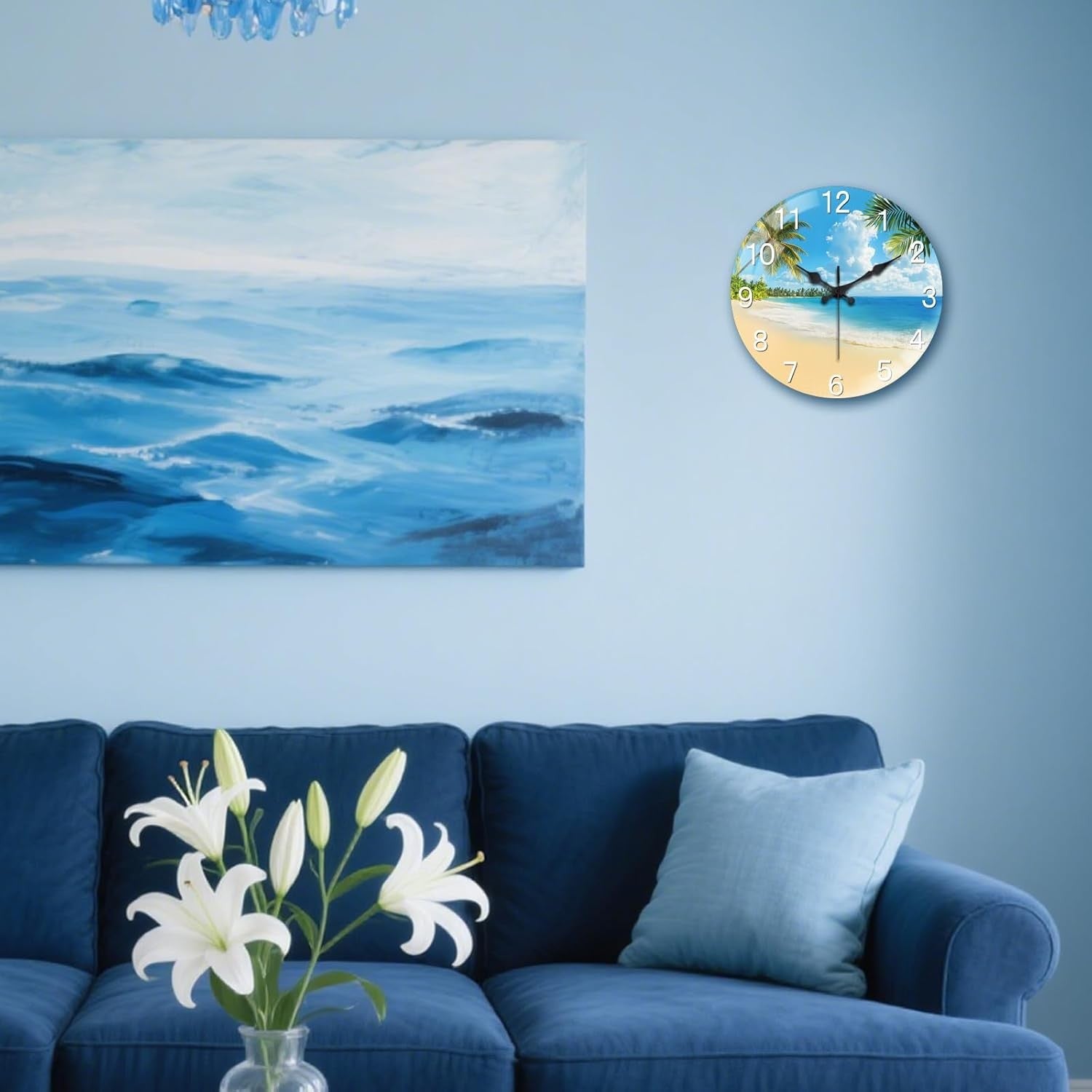 30cm Ocean Beach Wall Clock – Silent Non-Ticking Glass Art Coastal Design