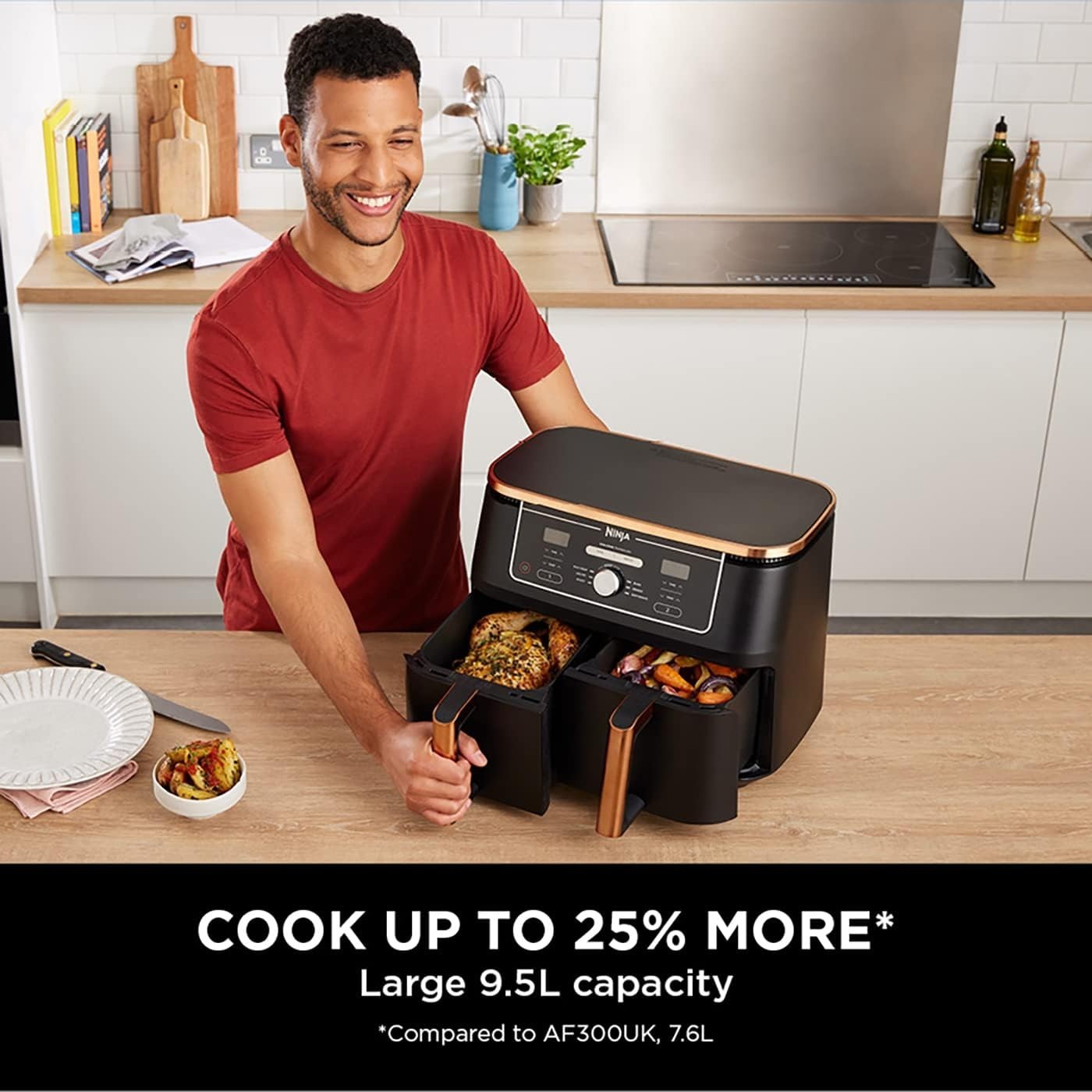 Dual Zone Air Fryer 9.5L 2 Drawer No Oil Max Crisp Roast Bake