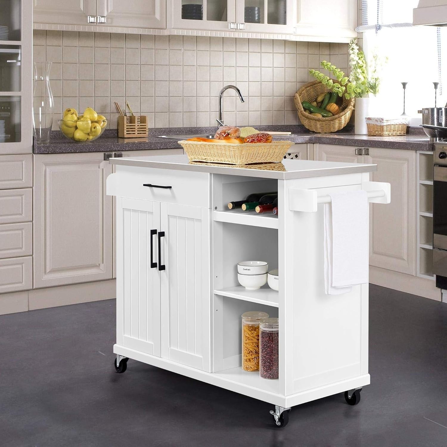 Kitchen Island Cart with Stainless Steel Top, Storage, Spice Rack & Wheels