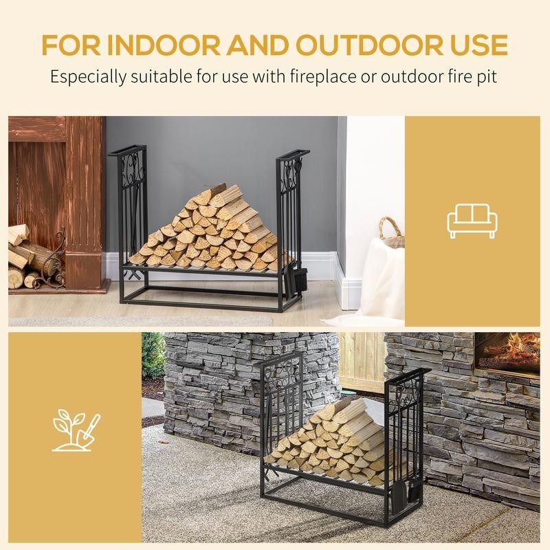Steel Firewood Rack with Tools – Indoor/Outdoor Log Storage Stand