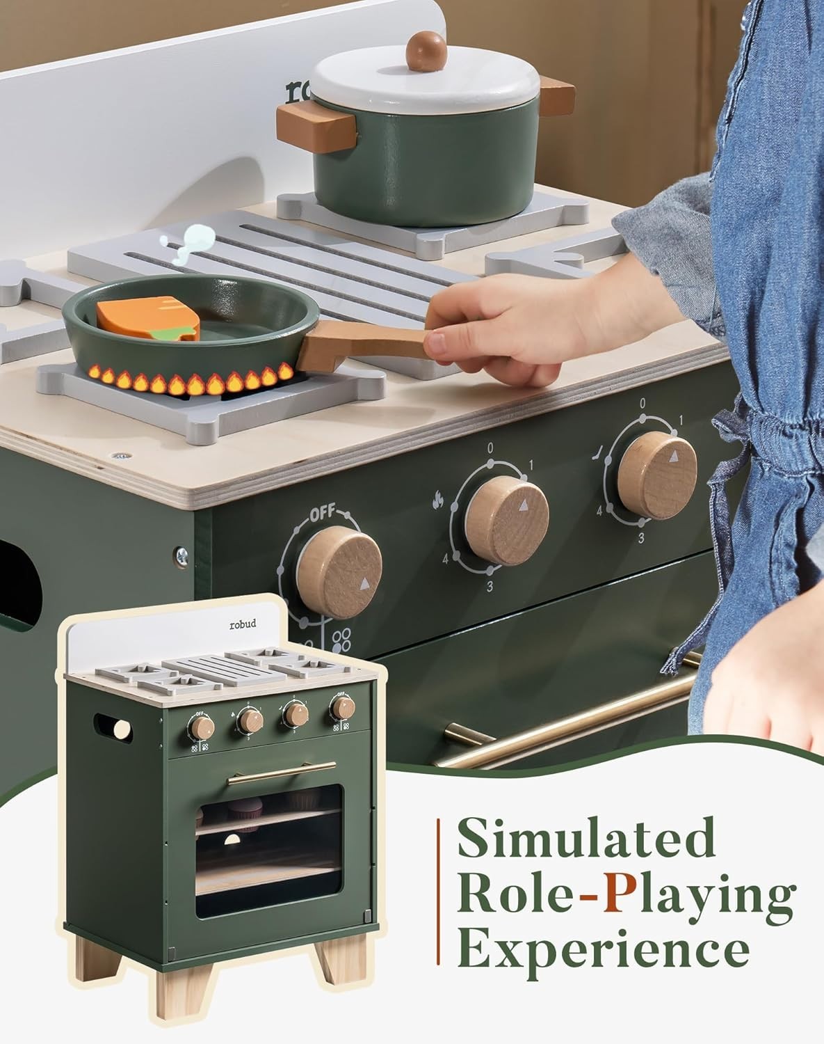 Wooden Kids Toy Oven Retro Play Kitchen Baking Set Green Toy