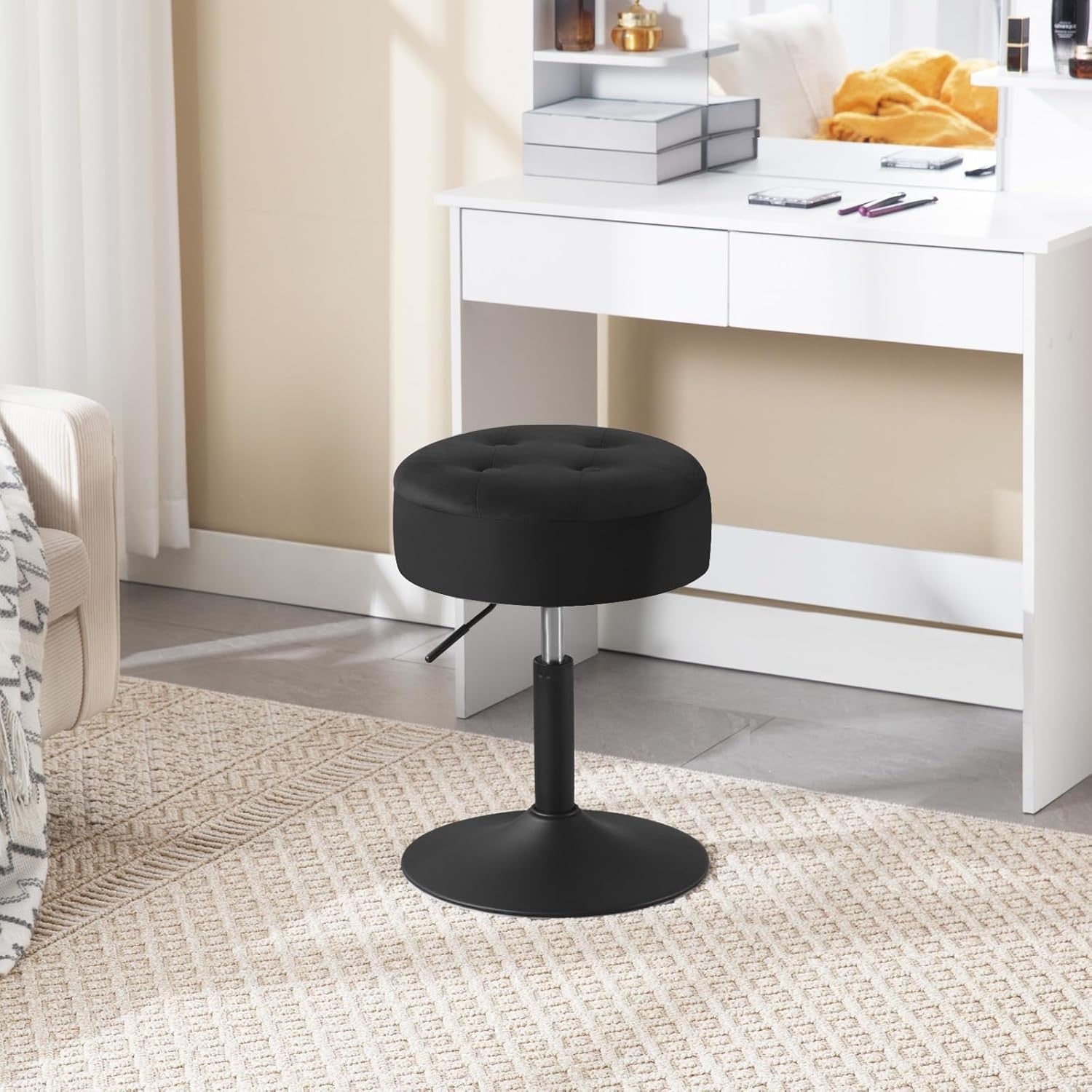 Black Velvet Swivel Vanity Stool with Storage Round Adjustable Makeup Seat