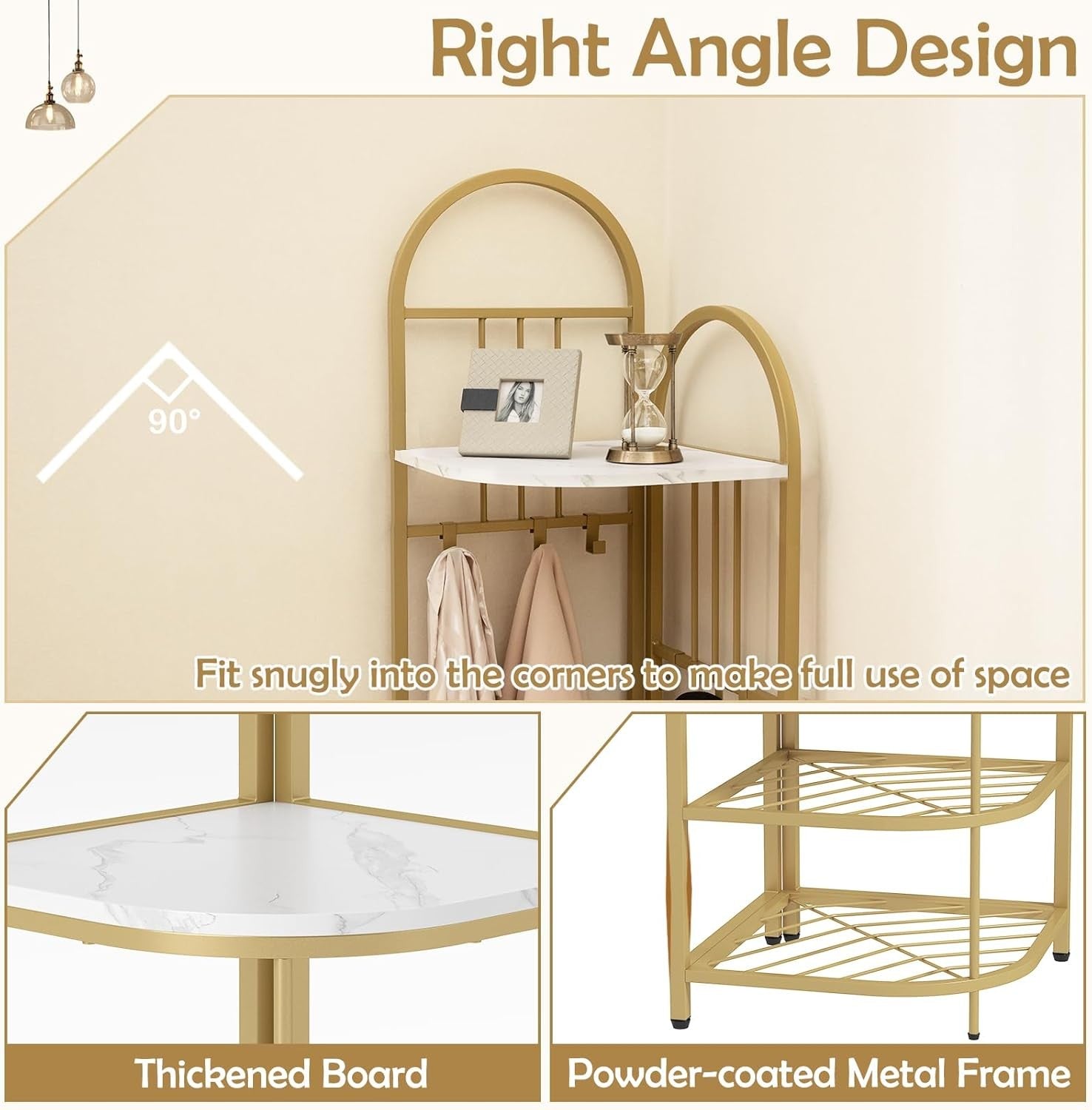 White Gold Corner Coat Rack 4-Tier Hall Tree with Shoe Bench & 6 Hooks