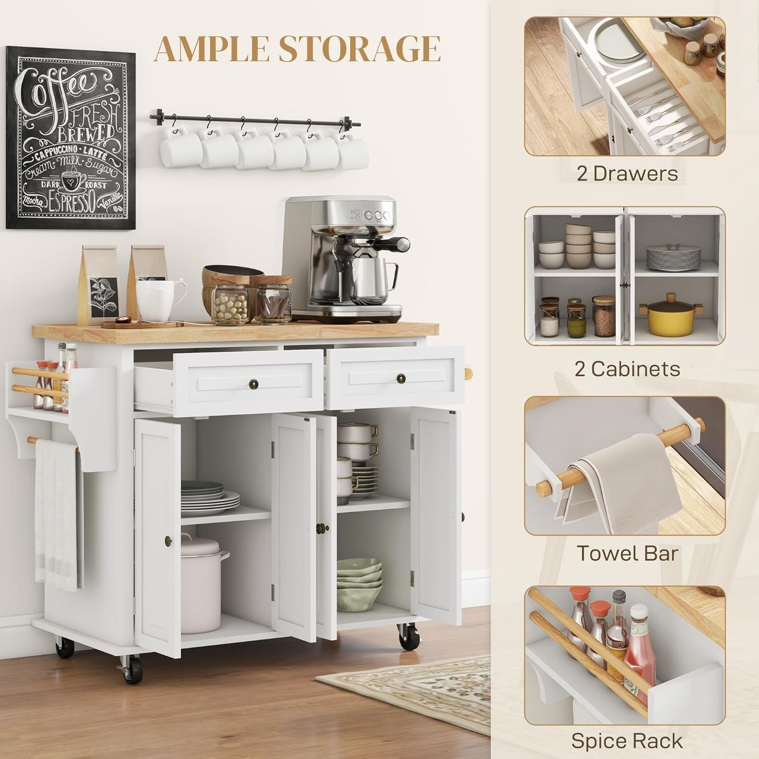 Rolling Kitchen Island Trolley with Drawers, Shelves & Rubber Wood Top 111x44cm