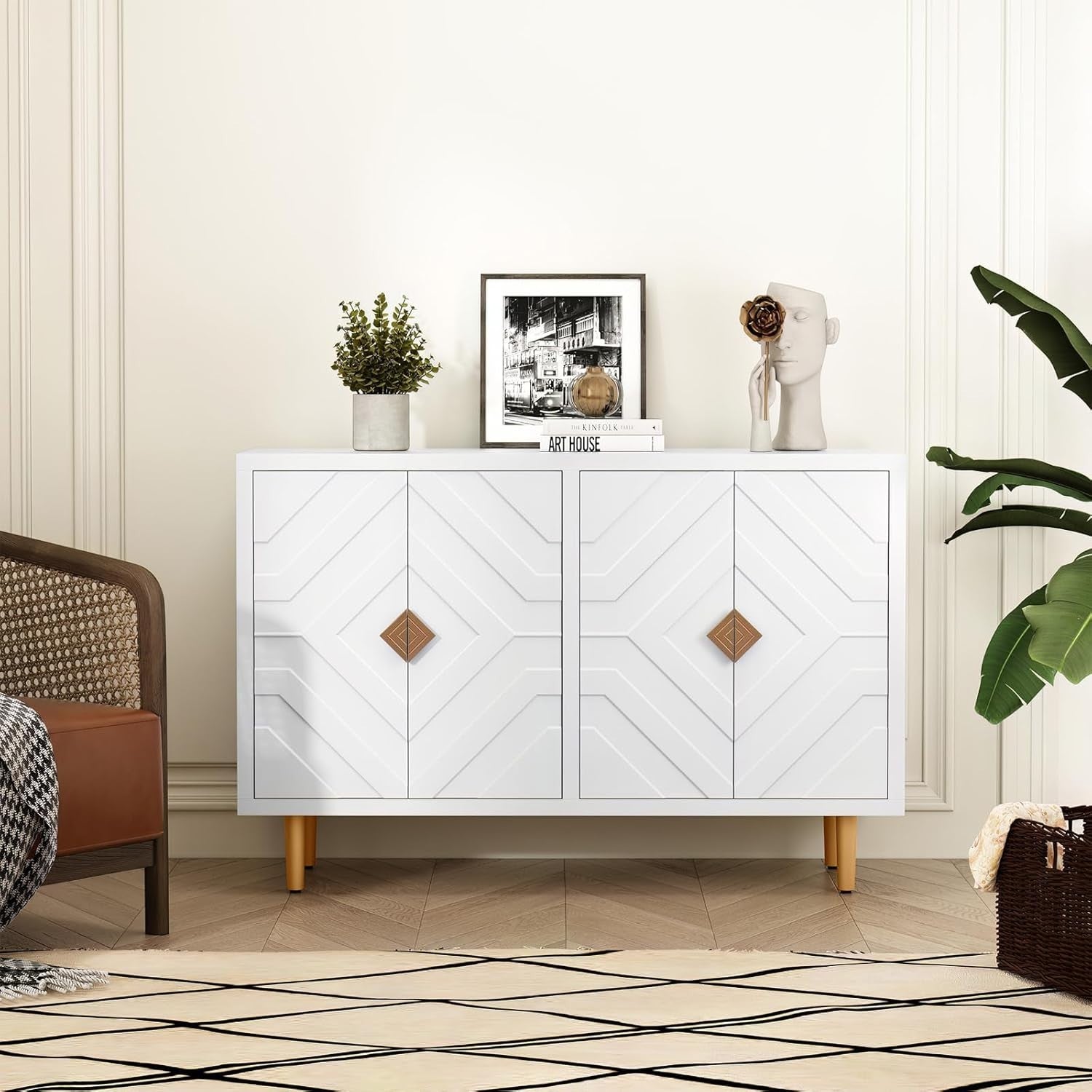 White Kitchen Sideboard Cabinet 4 Doors Storage Buffet Table with Shelves