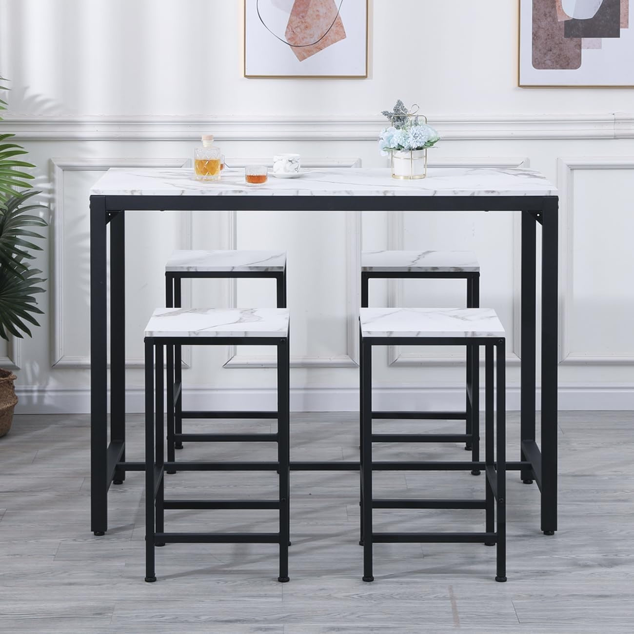 5Pcs Bar Table Set with 4 Stools White Marble Top Dining Kitchen Unit Furniture