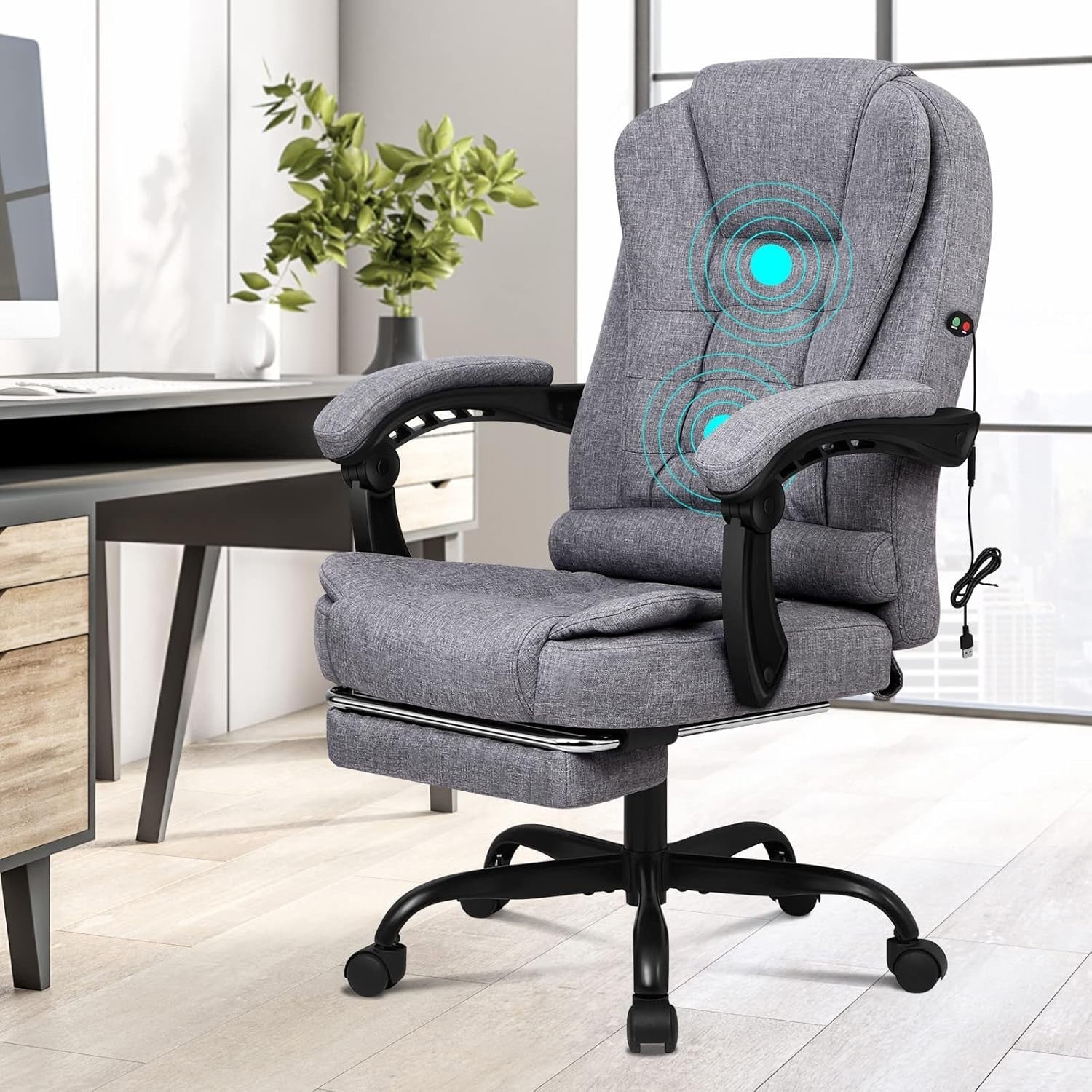 Grey Massage Office Chair Recliner Footrest Ergonomic Swivel Linen Fabric