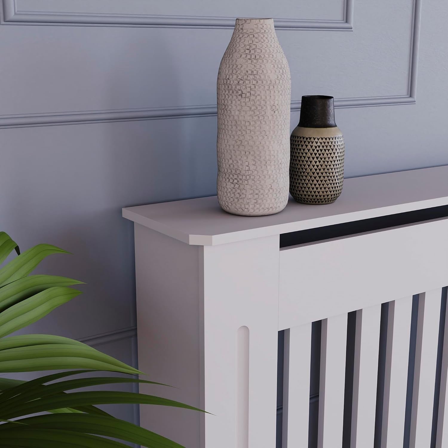Extra Large White Radiator Cover | Modern Slatted MDF Heating Cabinet with Shelf