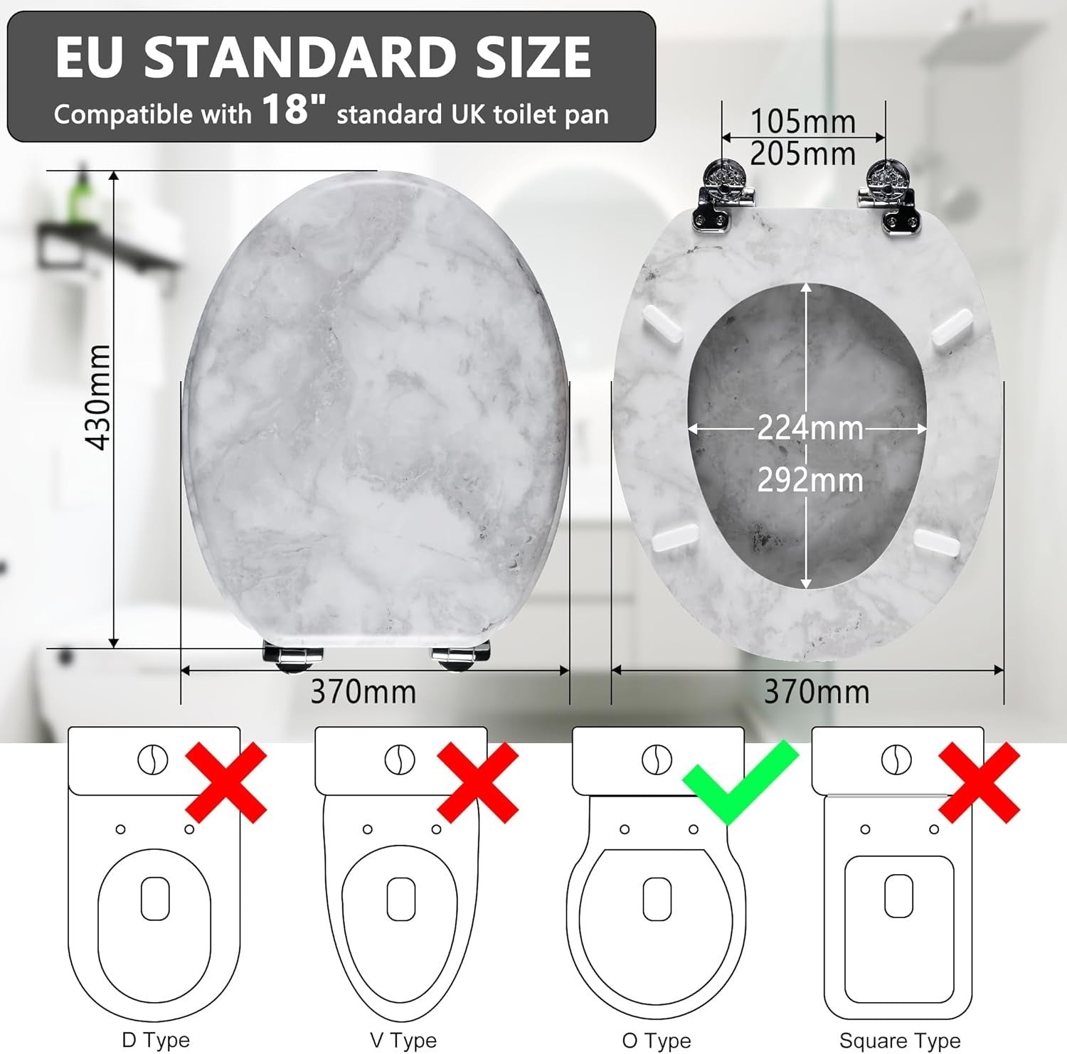 Wooden Toilet Seat Gray Marble | Quick Release Adjustable Hinges 45x37cm Oval