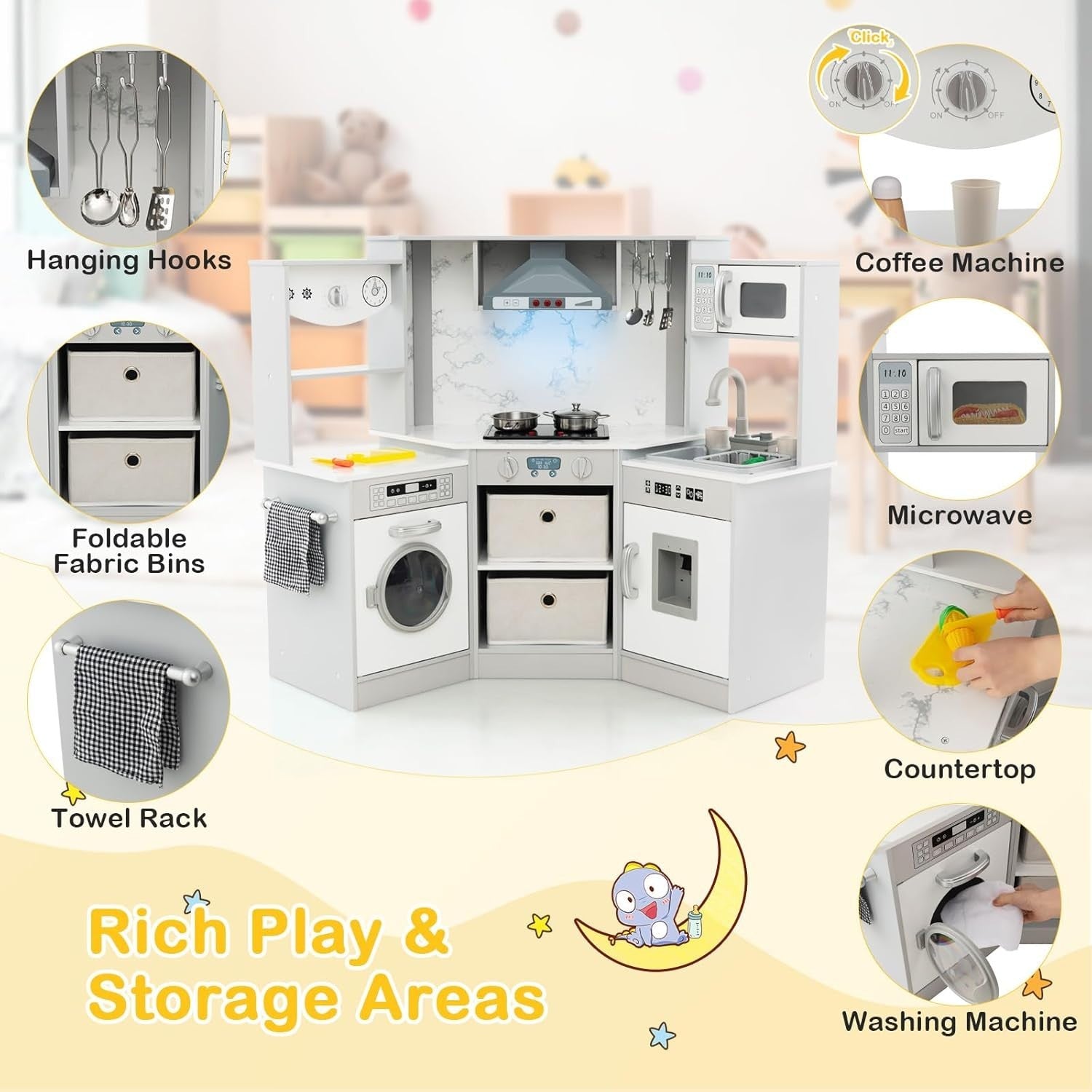 Corner Kids Play Kitchen Gray w/ Lights Sounds Running Water Set