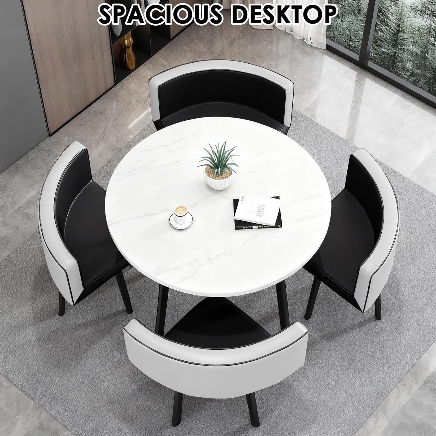 Modern White 35.4" Dining Set w/ 4 Black Chairs – Space-Saving Faux Marble Table