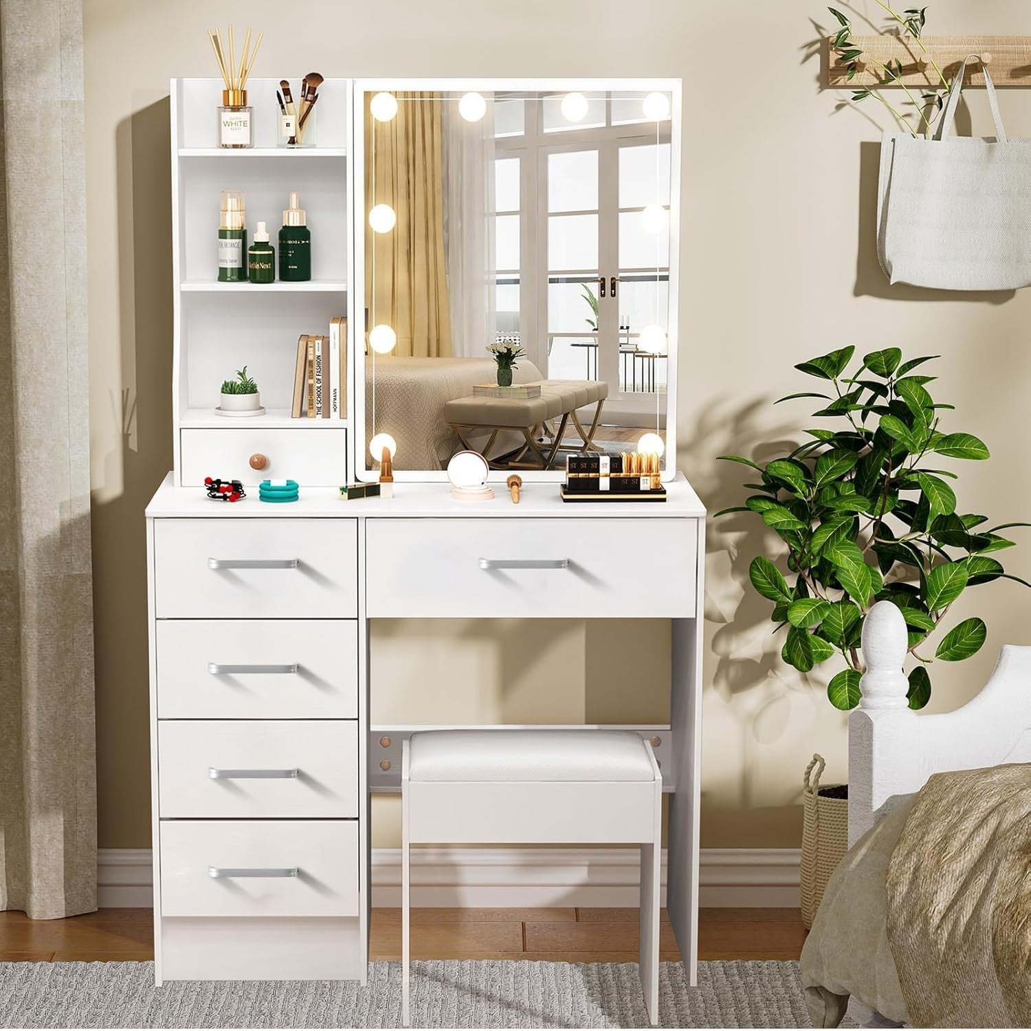 Vanity Desk Dressing Table w/ LED Light Mirror 5 Drawers Storage White Modern
