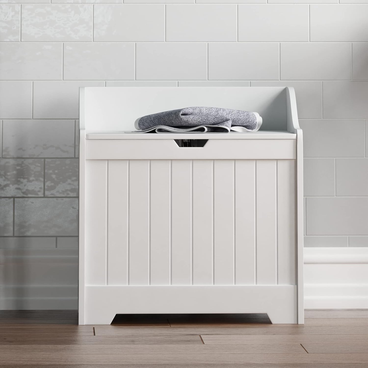 Bathroom Laundry Cabinet Storage Chest with Wooden Basket White MDF