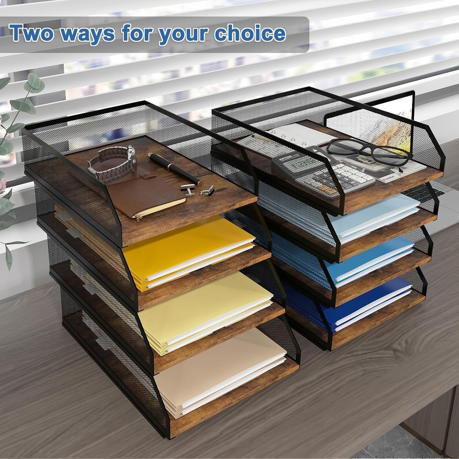 4-Tier Stackable Desk Paper Tray Organizer Metal & Wood Desktop Rack