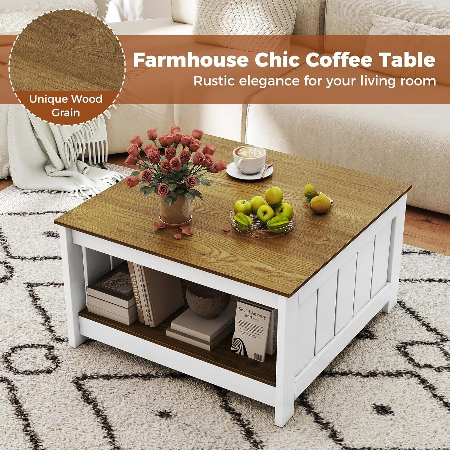 2-Tier Square Coffee Table with Storage Shelf Farmhouse Rustic 80x80x45cm