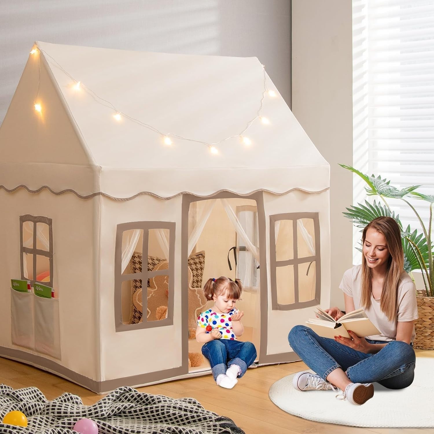 Beige Kids Castle Playhouse Tent Indoor Outdoor Anti Trip Mat Lights