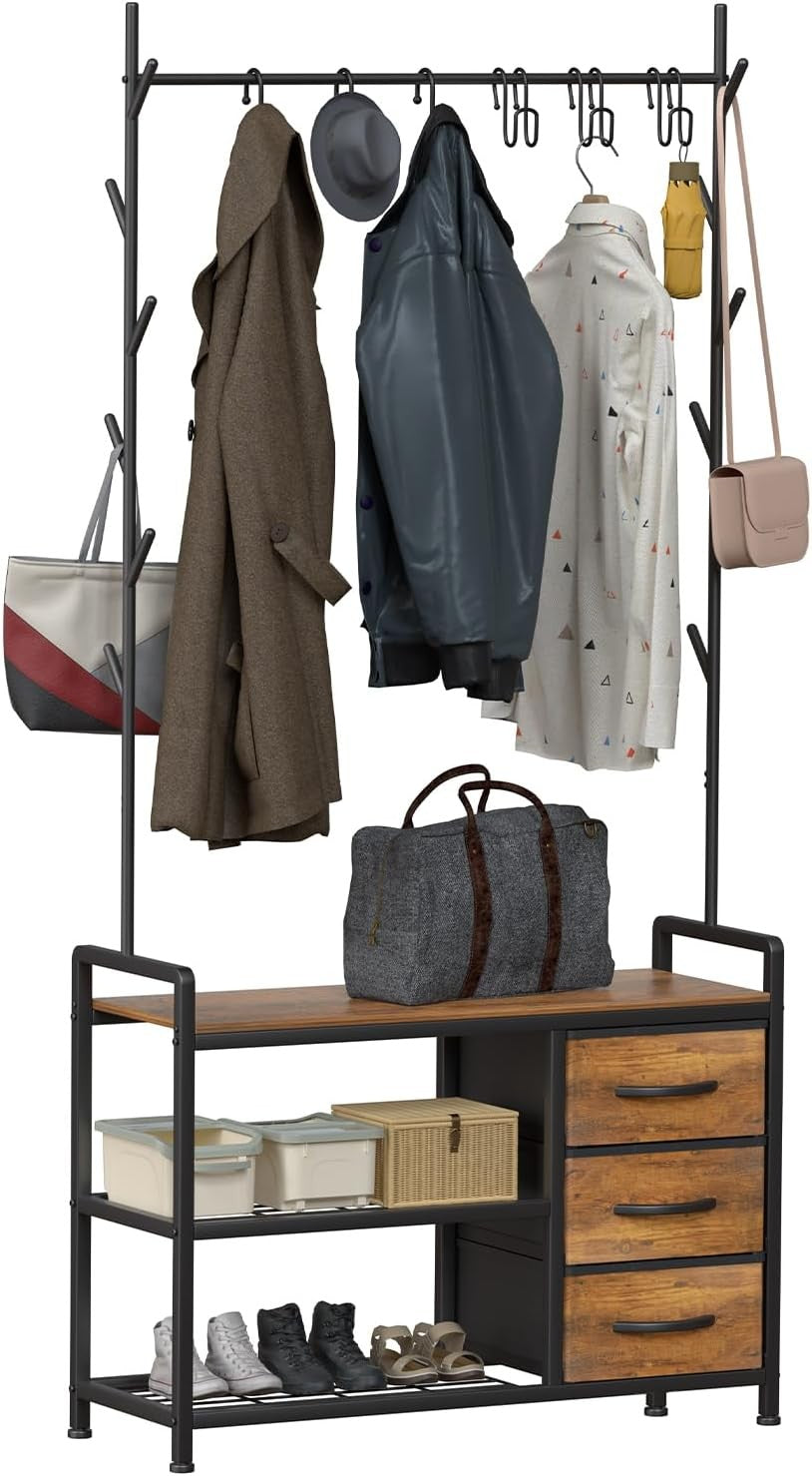Industrial Coat Rack with Drawers & Shoe Bench | Rustic Brown Hall Tree Stand