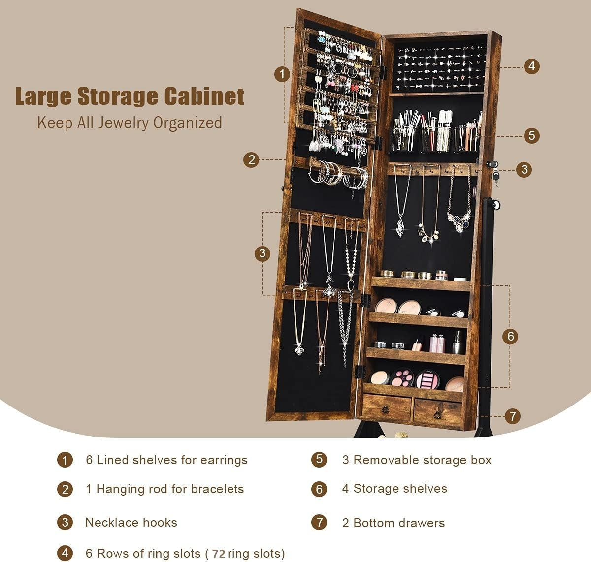 Brown Rolling Jewellery Cabinet Lockable Full Length Mirror Mobile Storage
